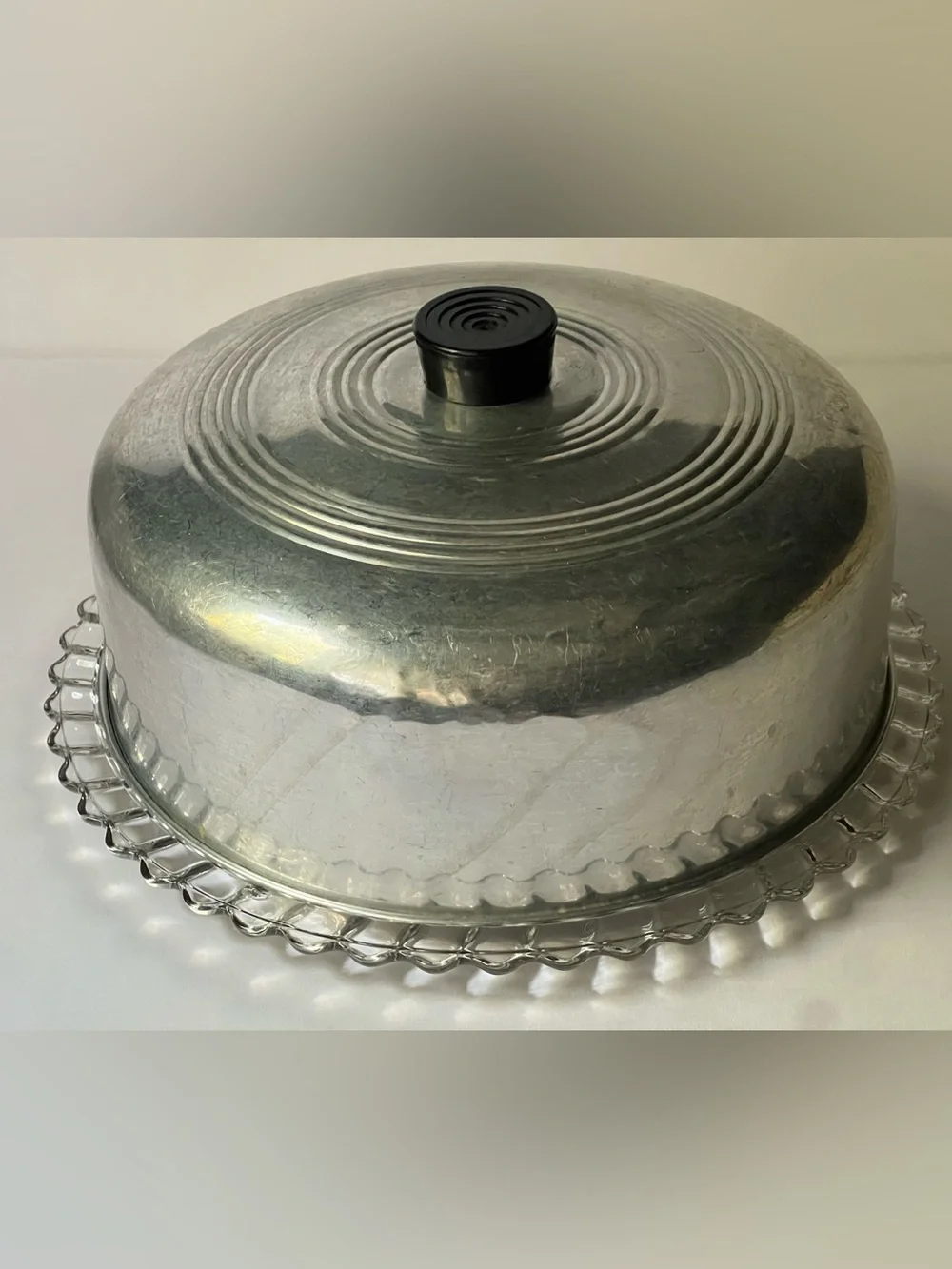 Vintage 40’s-50’s Clear Glass Footed  Cake Plate with Aluminum Metal Dome Cover